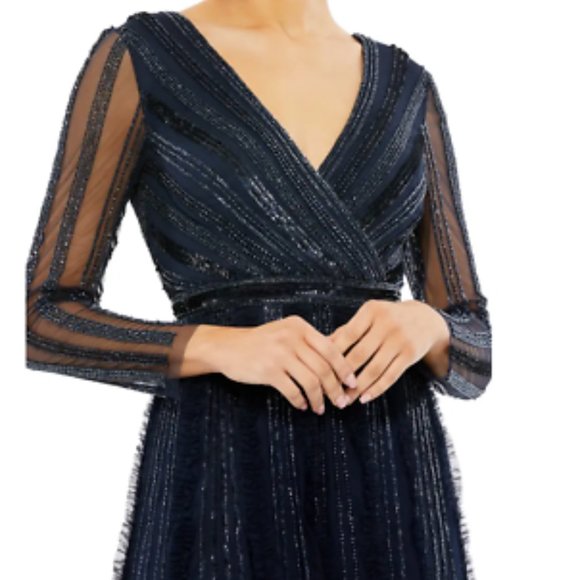MAC DUGGAL ILLUSIONS A-LINE LONG SLEEVE MIDNIGHT NAVY GOWN sz 8 - Picture 3 of 7
